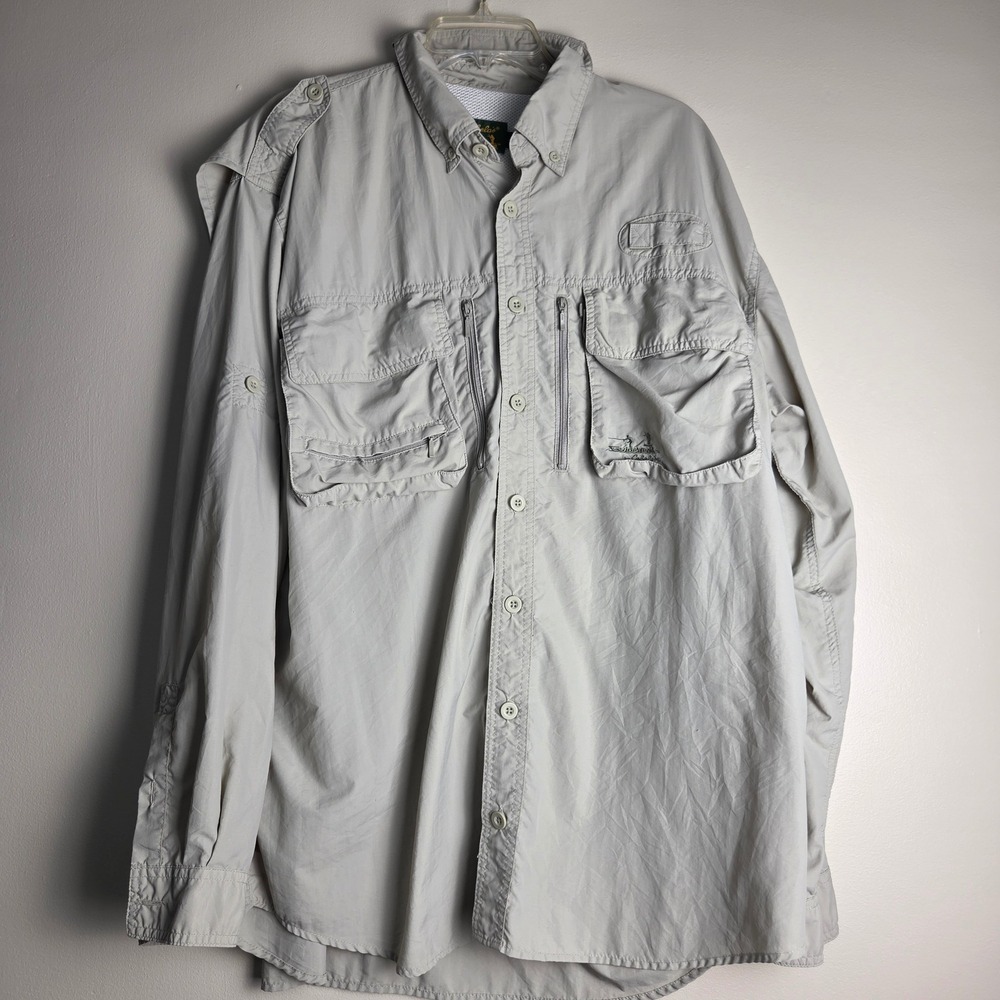Cabelas Guidewear Mens XL Tall Khaki Nylon Long Sleeve Fishing Shirt Vented Back